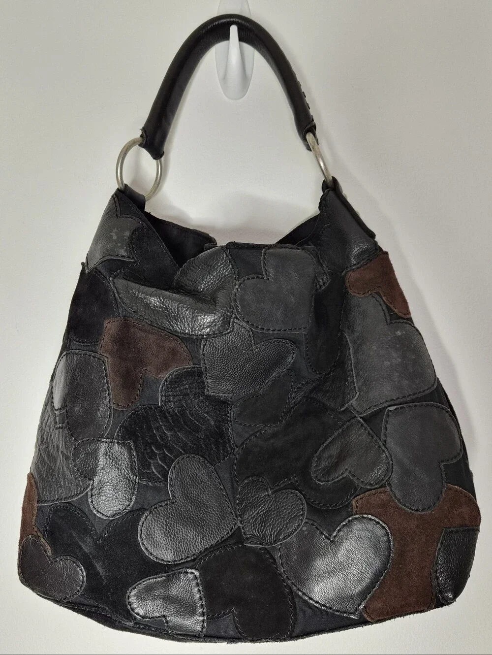Lucky Brand Vintage Y2K Mixed Media Leather Suede Heart Patchwork Hobo Bag